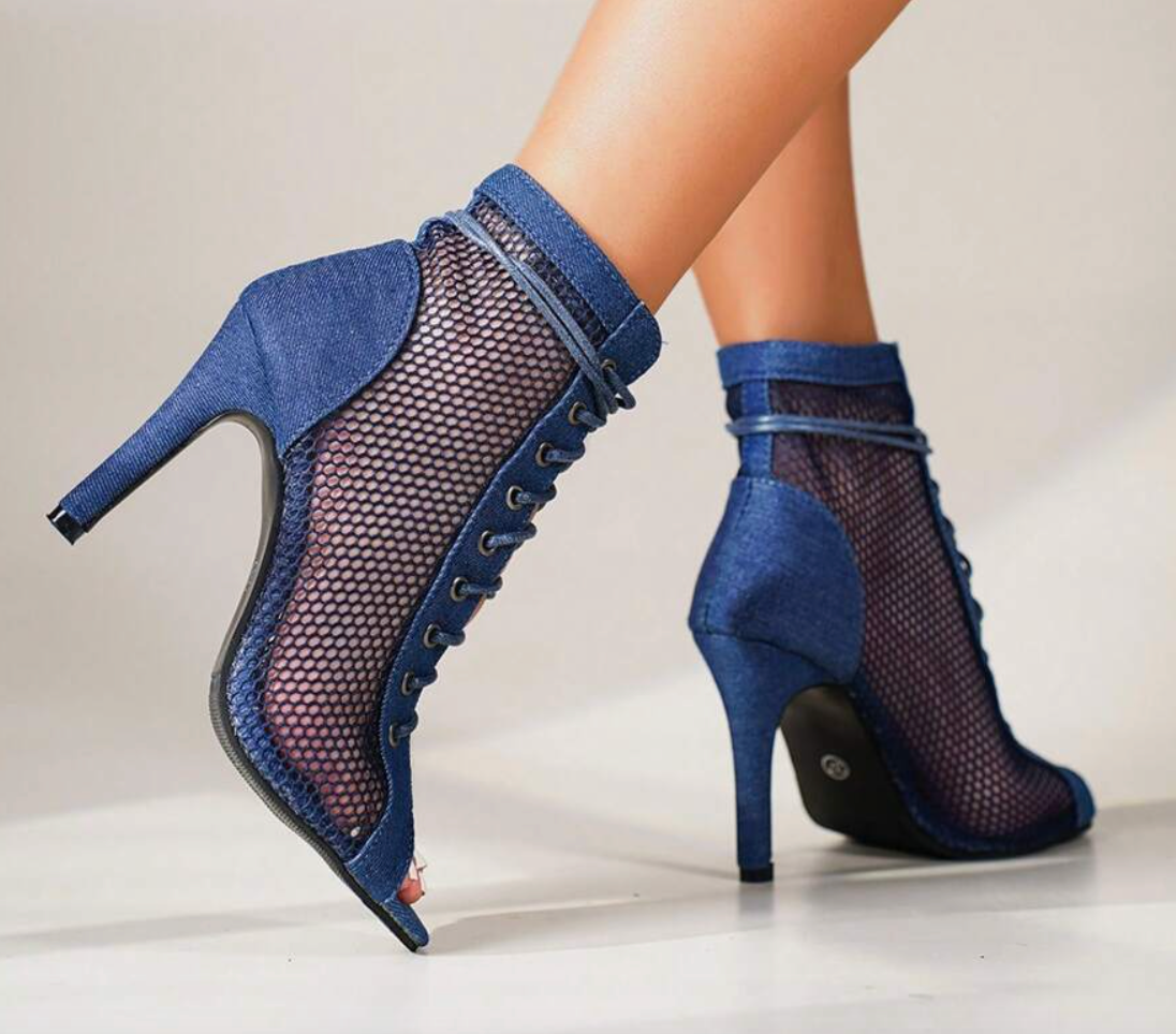 VALUE: Mesh Panel Lace-Up Boot Heels in BLEU