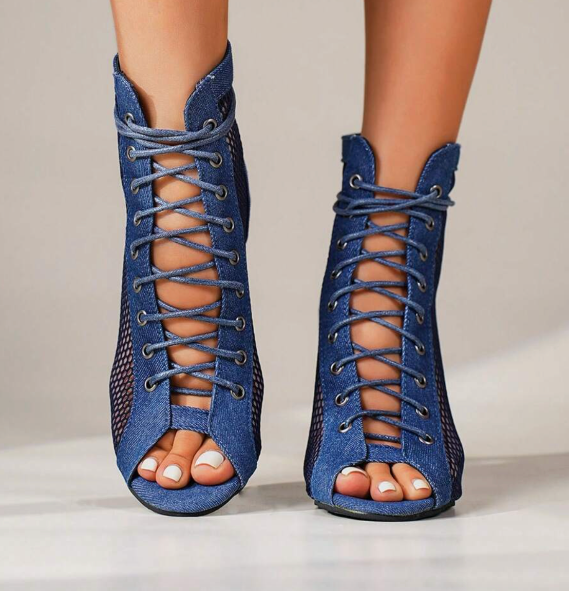 VALUE: Mesh Panel Lace-Up Boot Heels in BLEU