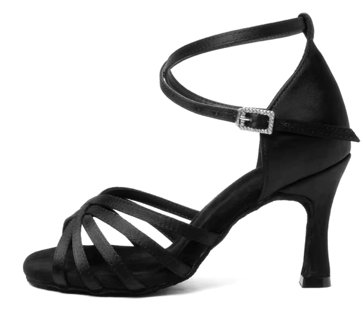 CLASSIC - Latin Black Satin Flared Heels 3"