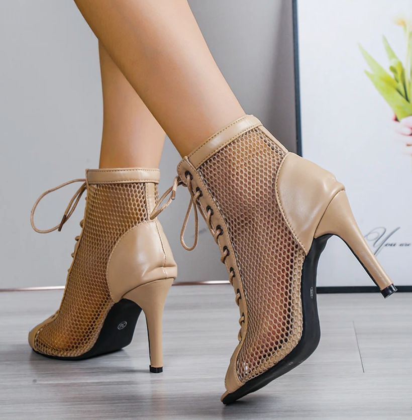 VALUE - Mesh Panel Lace-Up Boot Heels in CHAMEAU
